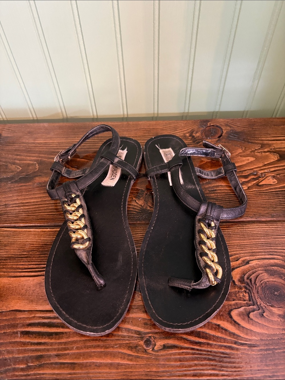 Steve Madden Black Sandals with Gold Chain Accent